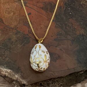 New Gorgeous White Enamel & Cubic Zirconia Egg Pendant On Gold Plated Chain